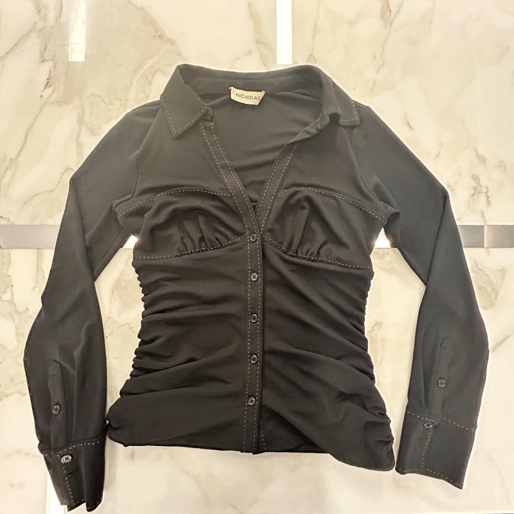 Nicholas Rosalie Black Contrast Stitch Ruched Blouse